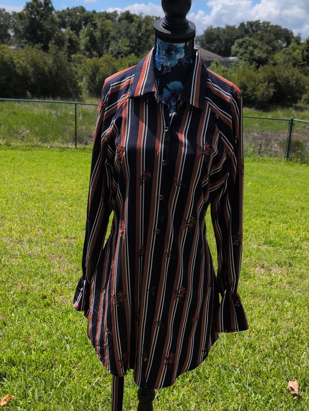 Miss Me Black Striped Button-Up Blouse with Rust & Cream Accents